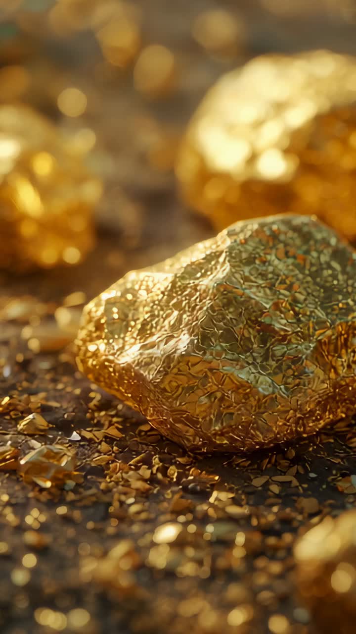 Vertical video: Pulling focus camera moving across macro set, revealing mid-right gold nugget