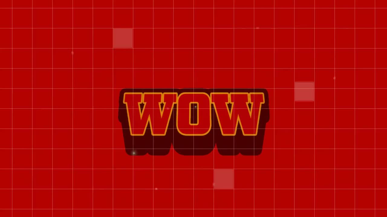 빨간 배경에 와우 텍스트 배너 위에 그리드 네트워크의 애니메이션