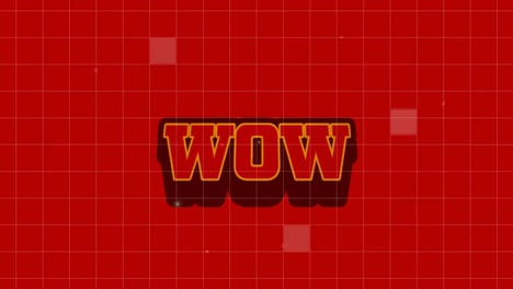 Animation-of-grid-network-over-wow-text-banner-against-red-background