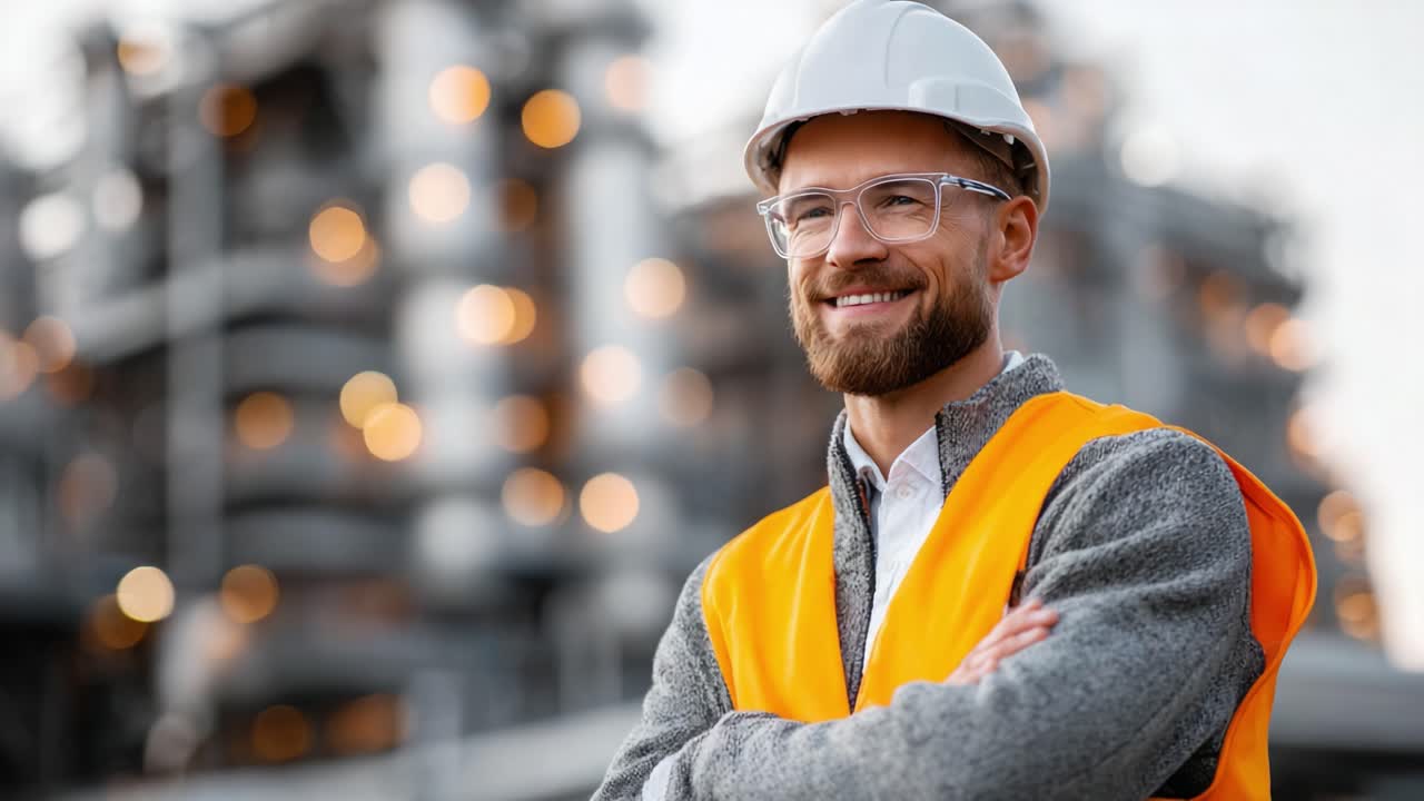 Focused Construction Worker Smiling at Project Site Emphasizing Safety and Professionalism in Construction Environment with Modern Equipment and Infrastructure