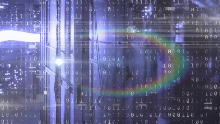 Animation of binary coding and interference over server room