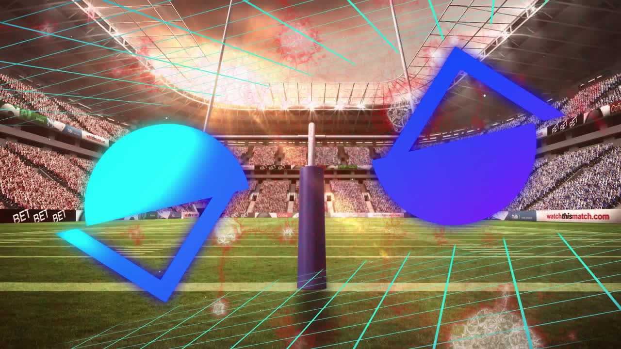 Blue geometric shape animation over soccer stadium with cheering crowd