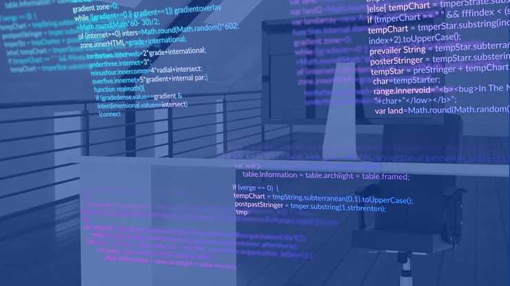 Animation von Datenverarbeitung über einem Arbeitsplatz im Büro