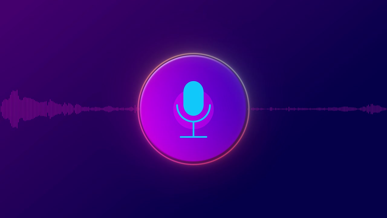 Audio command interface visual with bright microphone symbol purple circular button and thin