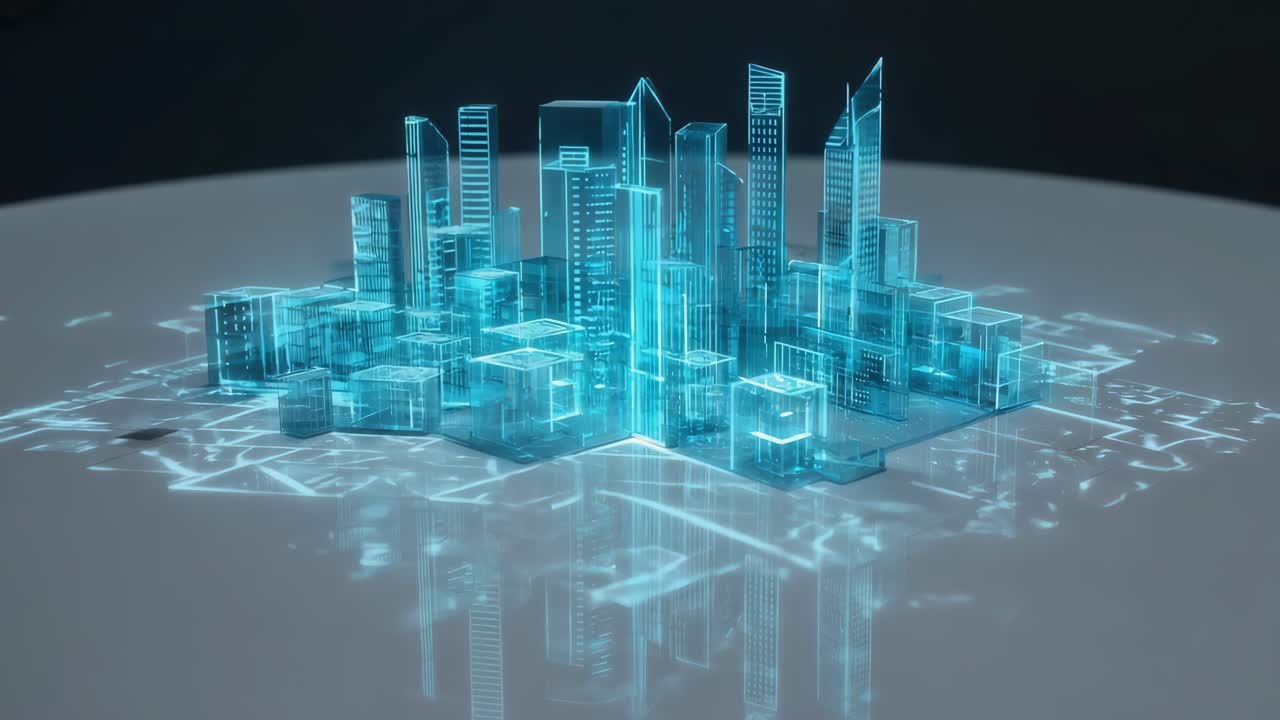 Futuristic Digital City Model with Blue Glow