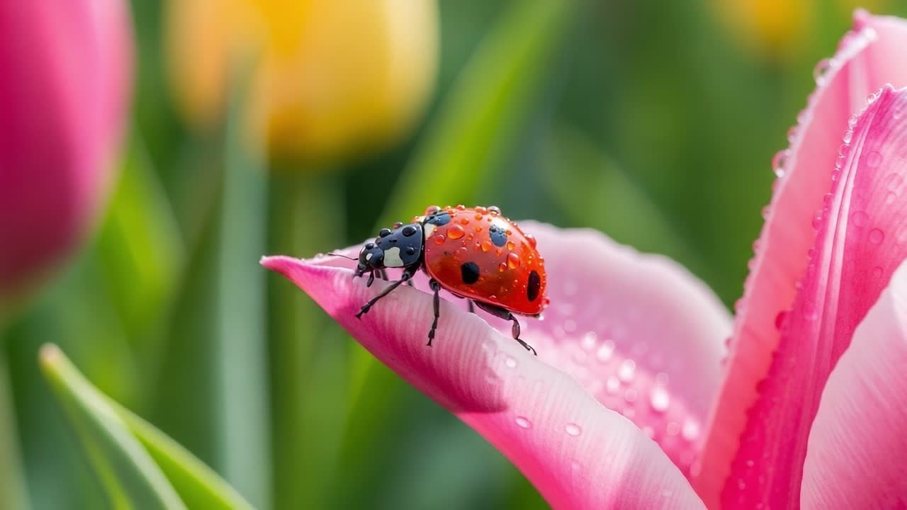 A Charming Close-Up of a Ladybug Resting on a Delicate Pink Tulip with Raindrops, Surrounded by a Colorful Floral Background