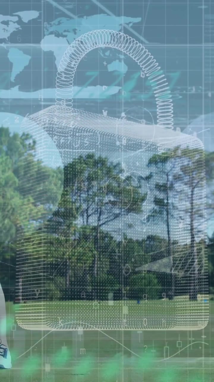 Animation of padlock, statistics and data processing over female golf player with golf club