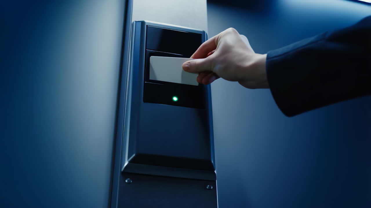 Hand inserting a key card into a card reader