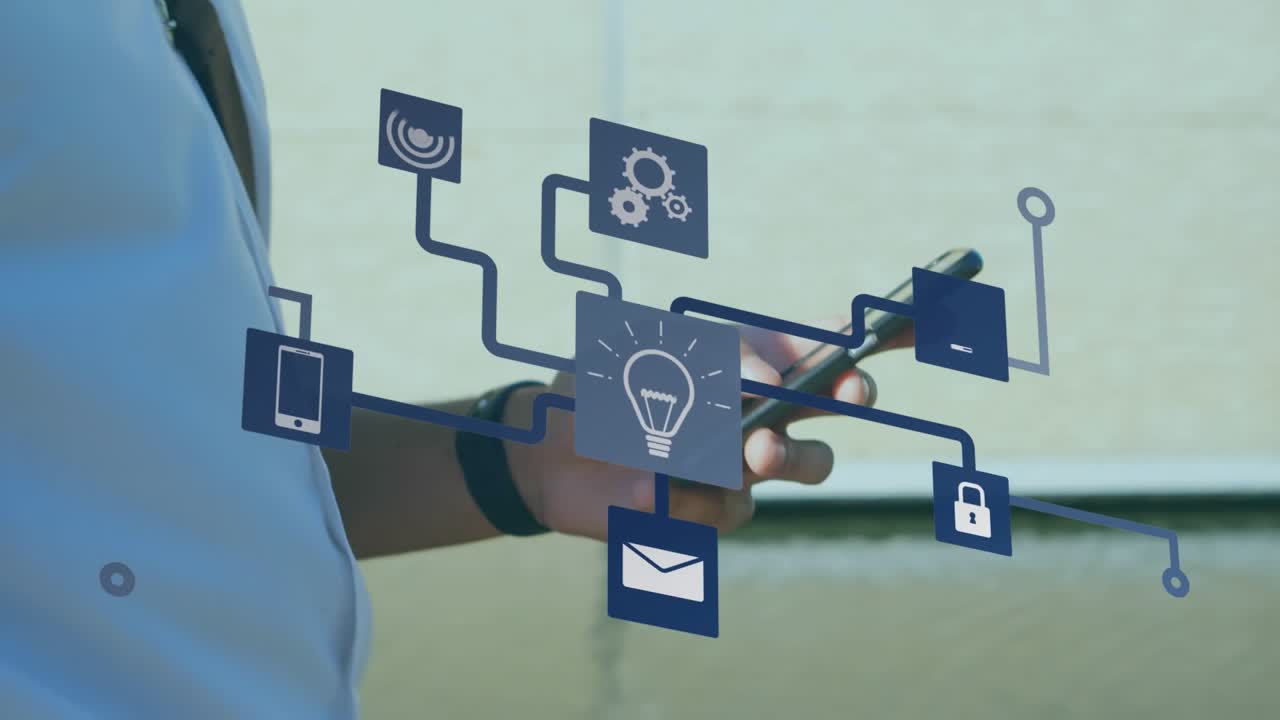 Animation of network of connections with icons over businessman using smartphone