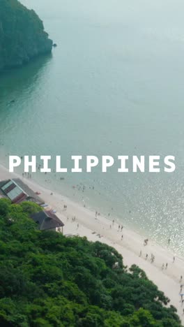 Vertical-Video-Drone-Shot-Of-Ocean-And-Beach-Overlaid-With-Animated-Graphic-Spelling-Out-Philippines