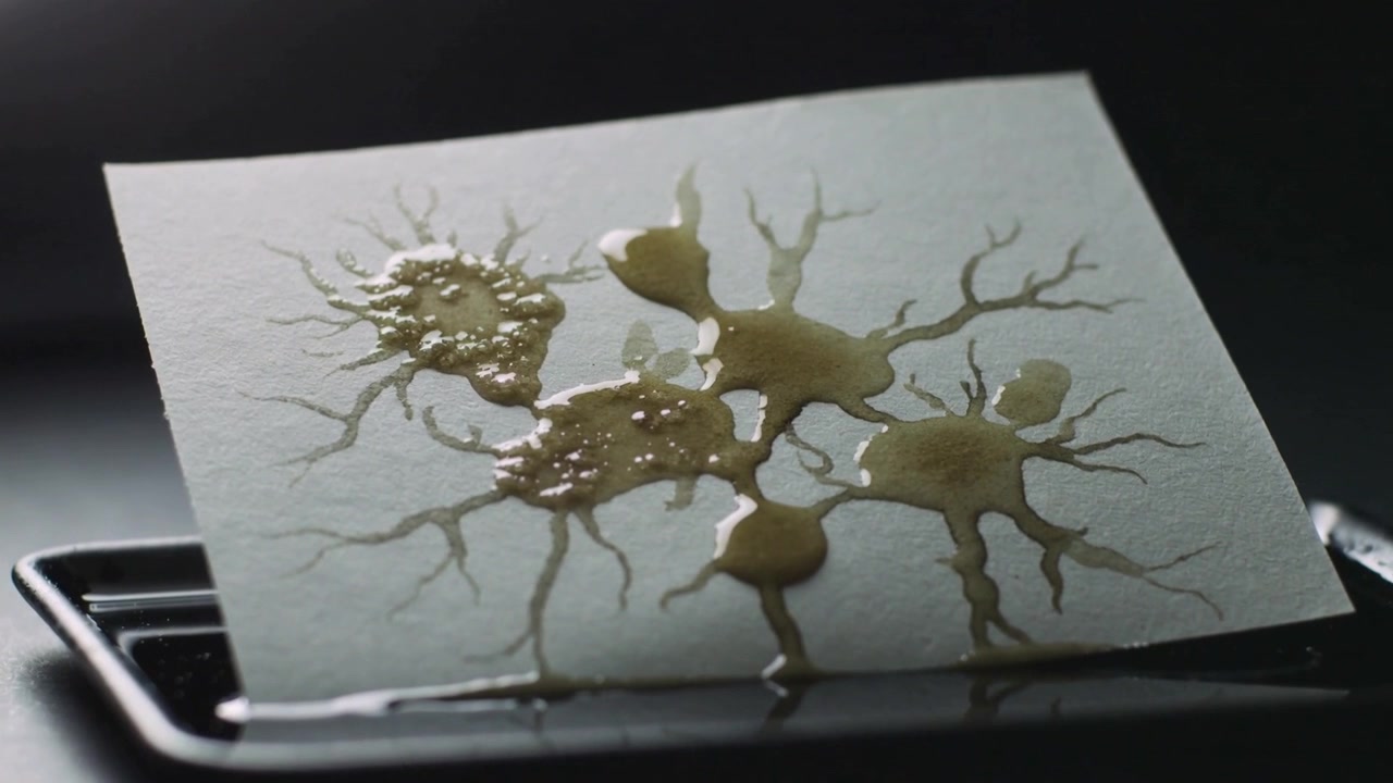 Spreading pale yellow gel droplets on white textured card, gravity pulling rivulets into black tray