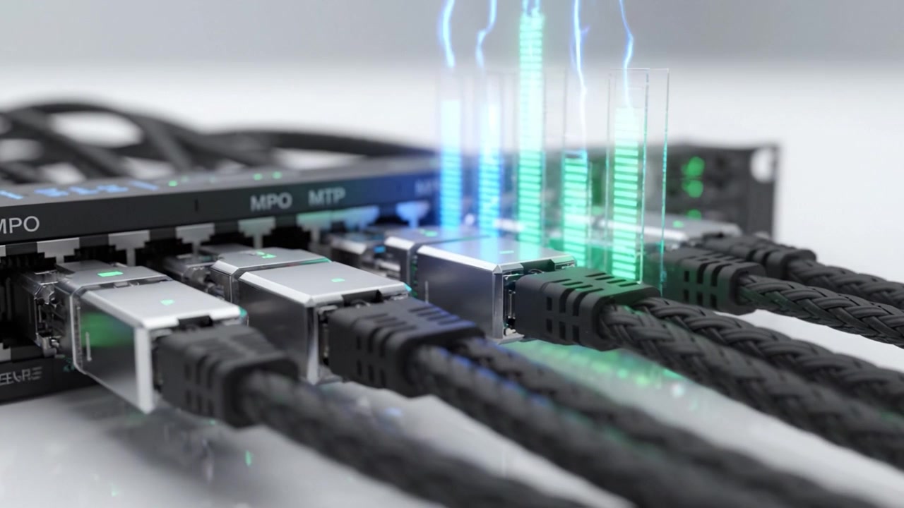 High-Speed Data Transmission Through Advanced Connectivity Solutions Featuring Futuristic Cables Displaying Energy Waves and Signal Visualizations in a Modern Setup