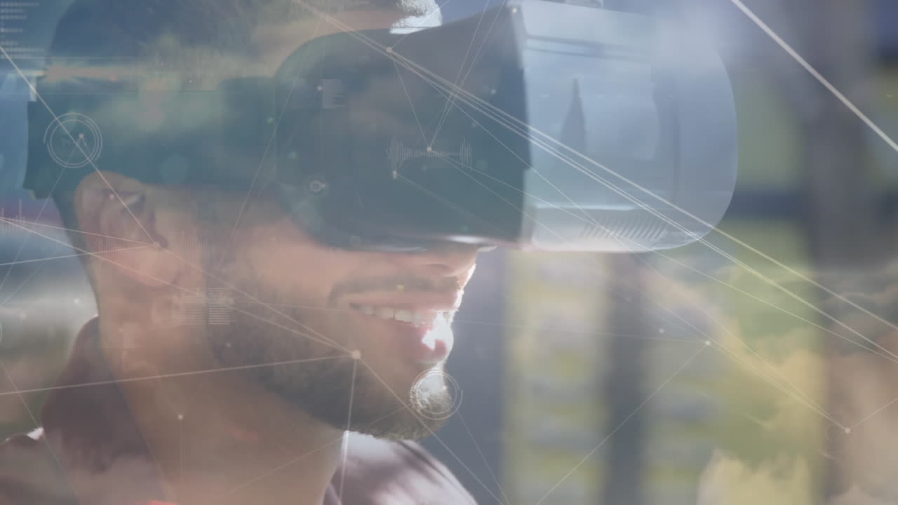 Animation of network of connections over businessman using vr headset