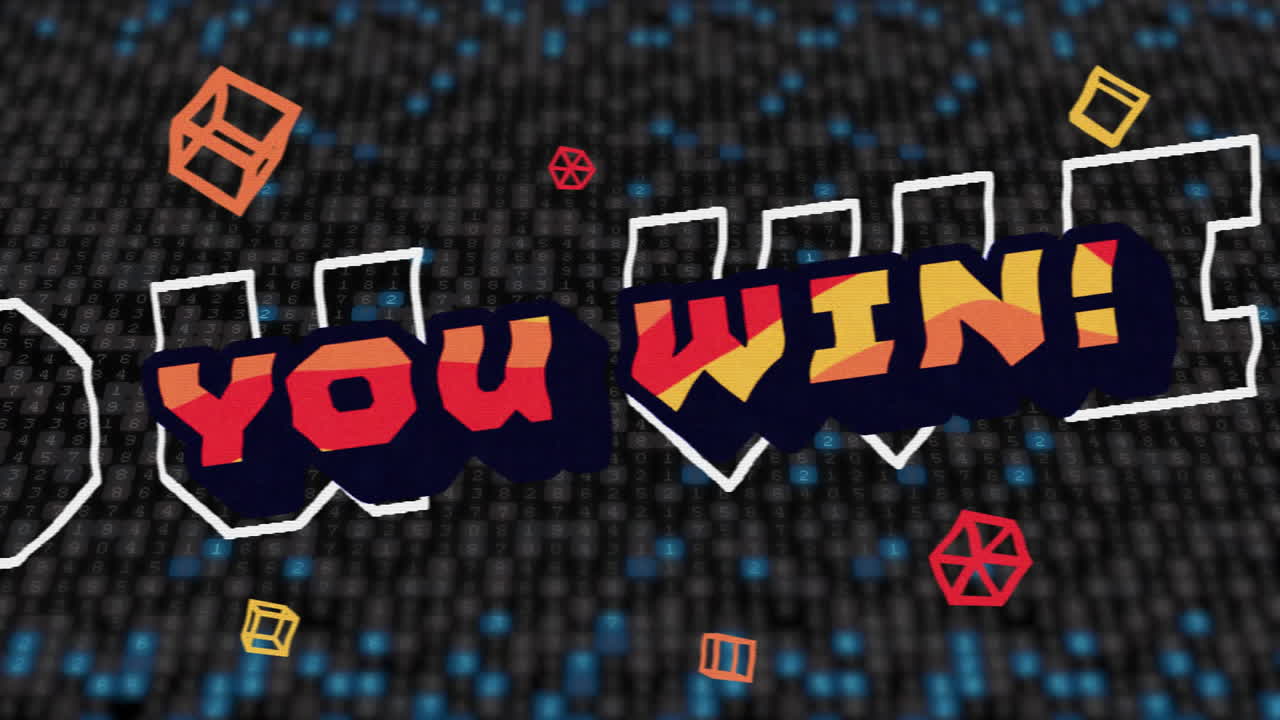 Animation of you win text over digital shapes