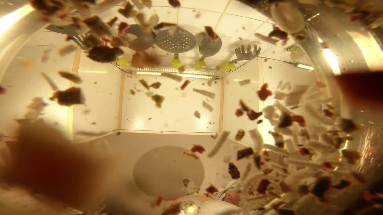 셰프는 채소 수프를 준비합니다. 셰프는 수프에 향신료를 추가합니다. 팬에서 보는 풍경입니다.