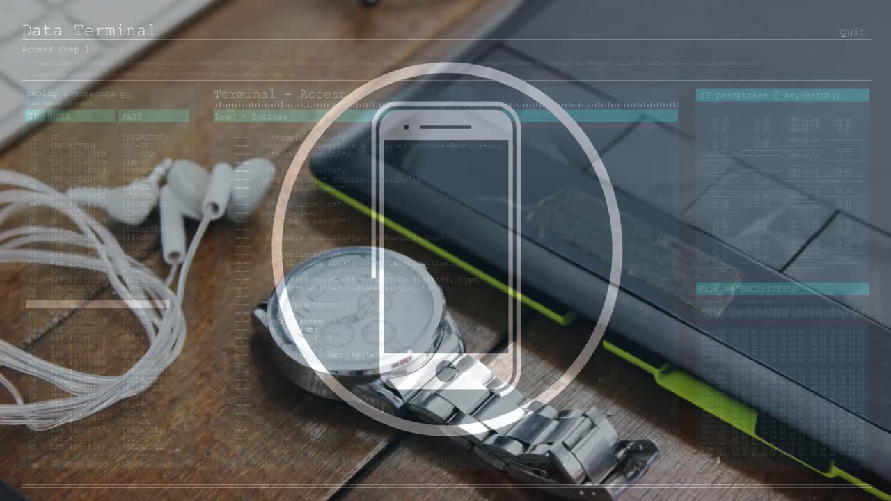 animación del icono del teléfono inteligente y procesamiento de datos a través de una tableta gráfica, reloj y auricular en una mesa.