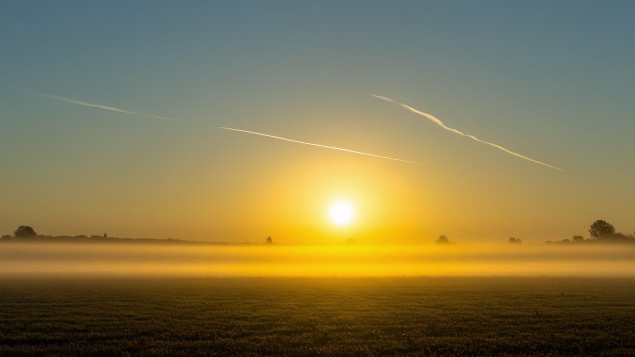 Majestic Sunrise Over a Foggy Landscape: A Captivating Transformation from Dawn to Daylight with a Warm Glow and Soft Mist Surrounding the Horizon