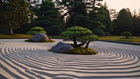 lush green bonsai tree and rock centerpiece in a meticulously raked concentric circular sand zen garden, surrounded by other trees and greenery