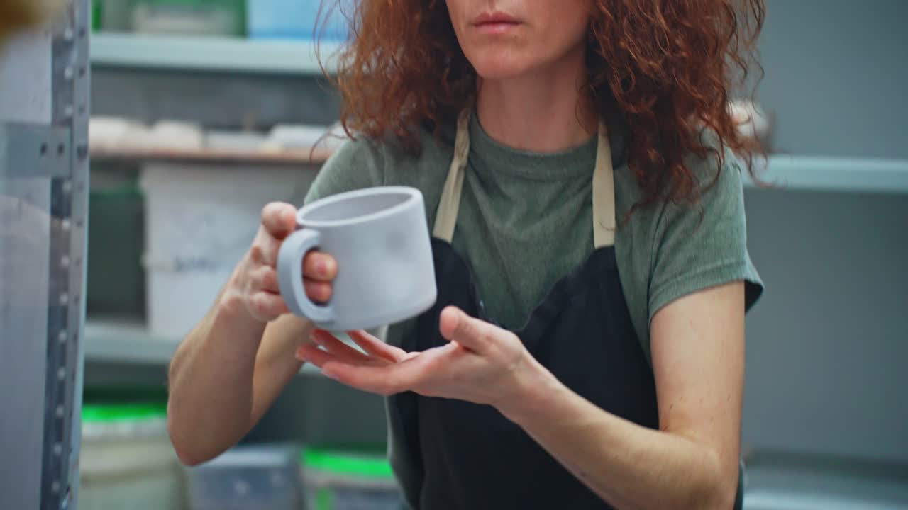 Ceramista donna che ispeziona ceramiche