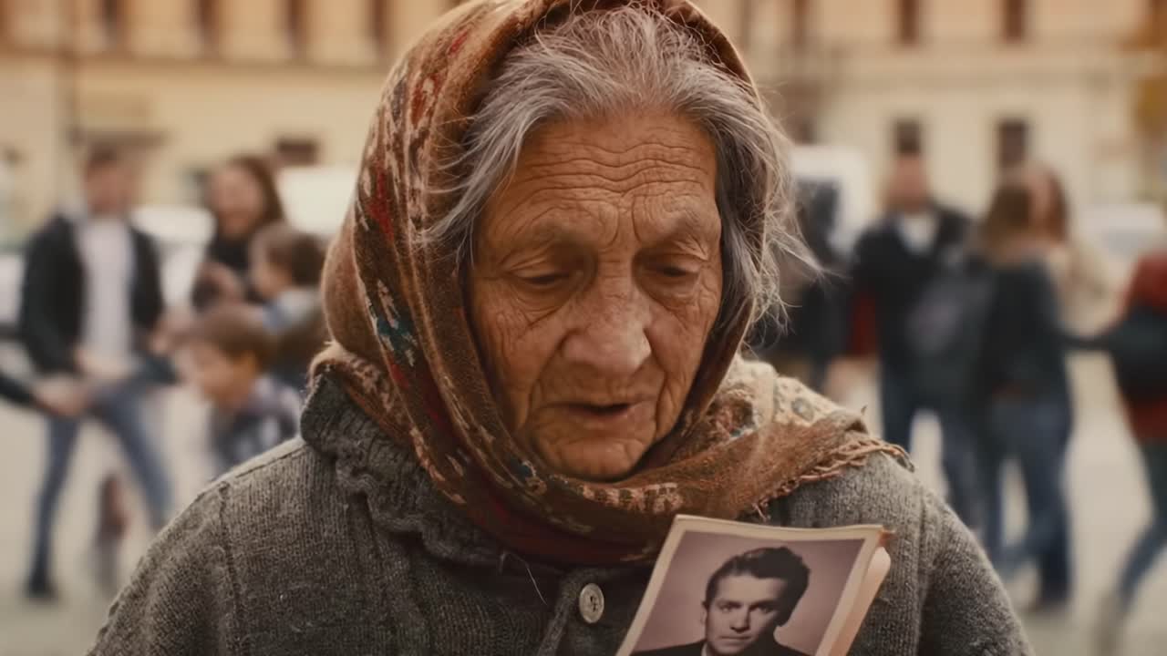 An elderly woman in a traditional scarf gazes at a portrait with emotion in a bustling square filled with passersby and vibrant energy. Sunshine illuminates the moment.
