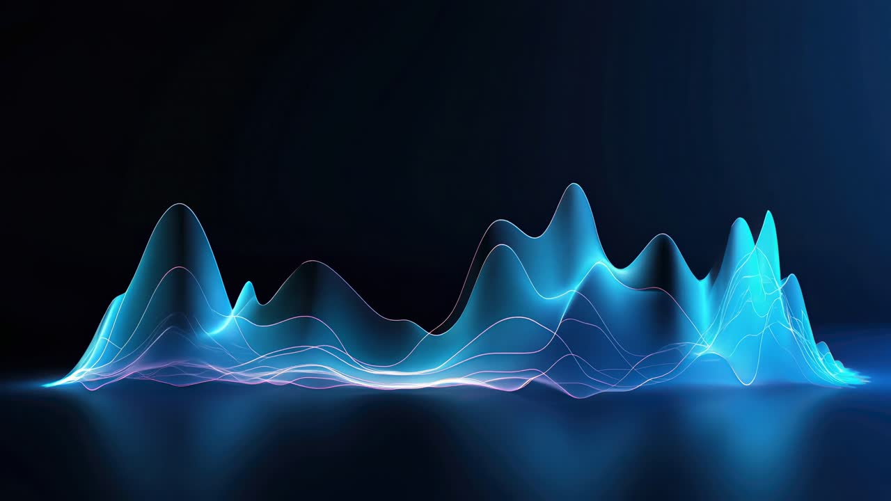 Dynamic video concept of glowing blue sound waves on a dark background, captured from a low angle