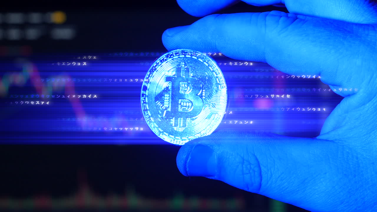 concepto de moneda criptográfica digital bitcoin btc que emite electricidad y código informático