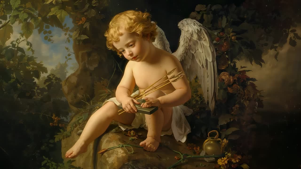 Camera approaching, cherub arranging arrows for bow at mossy ledge, wearing draped cloth and wings