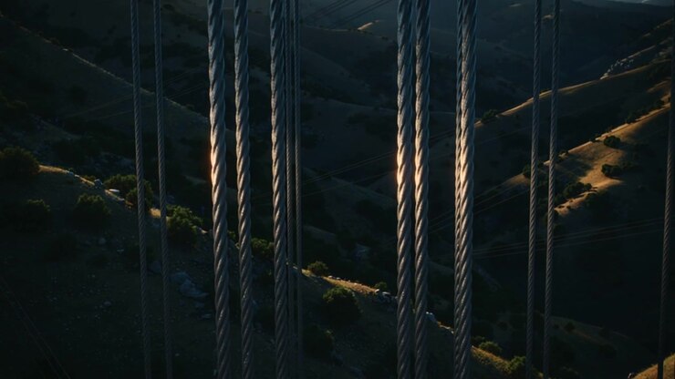 Il sole che appare rivela cavi d'acciaio che brillano al sole basso sopra la valle, con linee elettriche distanti.