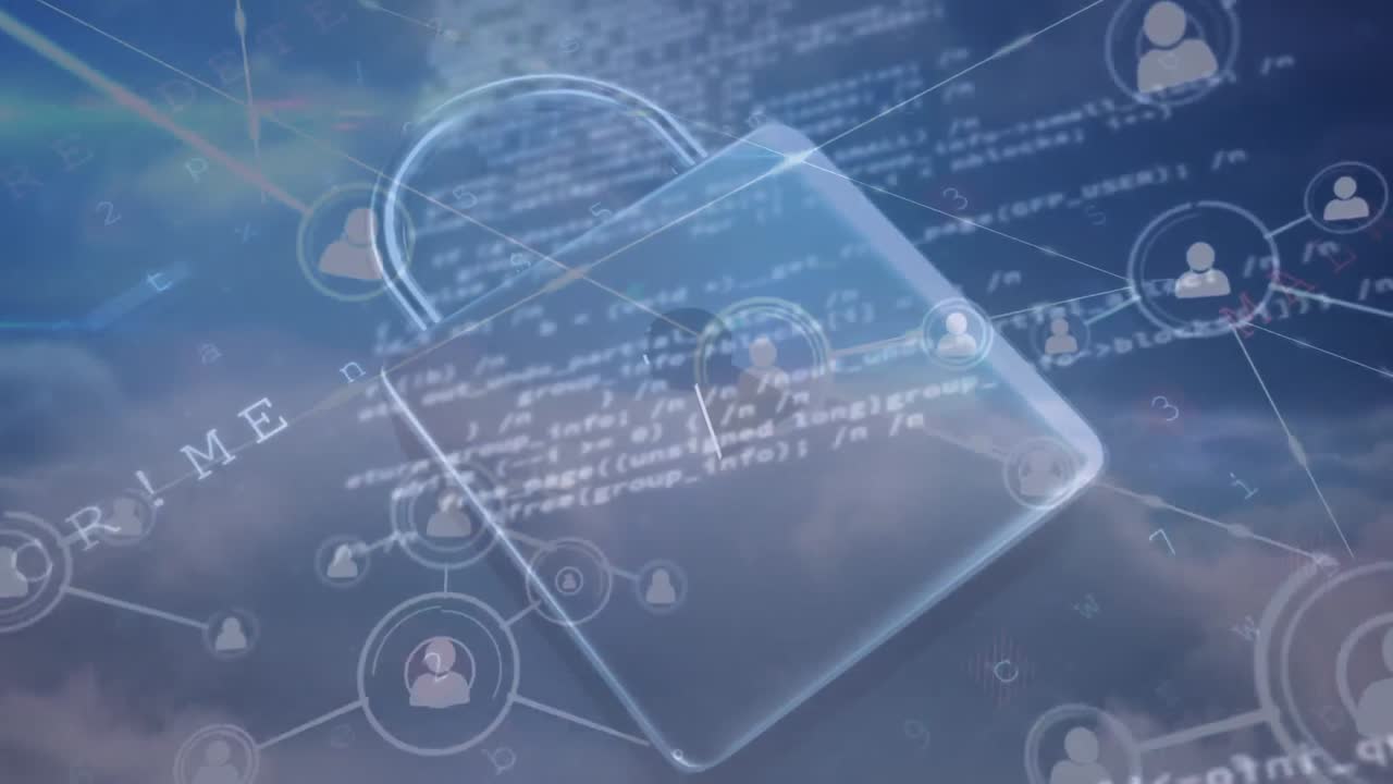 animación del candado de seguridad en línea, redes de conexiones a través de nubes