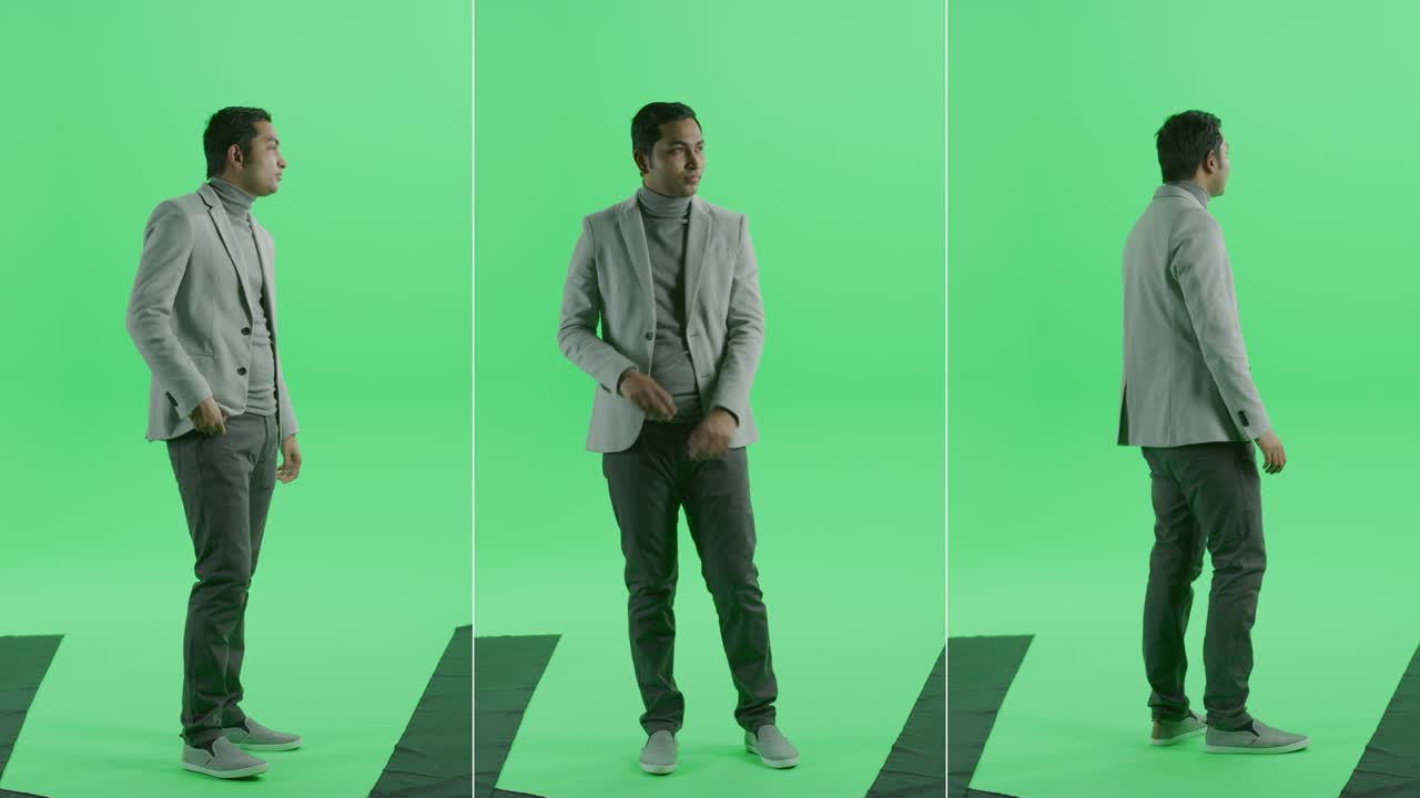 3 인 1 그린 스크린 콜라지: 입옷을 입은 잘생긴 인도 사업가, 서서 기다리고, 시계를 확인합니다. 다중 각도 최고의 가치 : 전면, 반면 및 후면 뷰. 크로마 키 배경 몬테이지