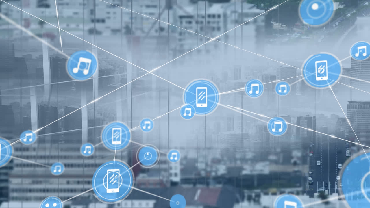 Animazione di una rete di connessioni su un paesaggio urbano.