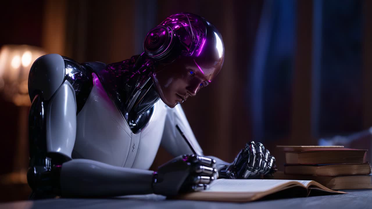 Futuristický humanoidní robot hluboce zaujatý psaním poznámek nebo studiem, předvádějící pokročilou technologii a kreativitu v tlumeně osvětleném prostředí