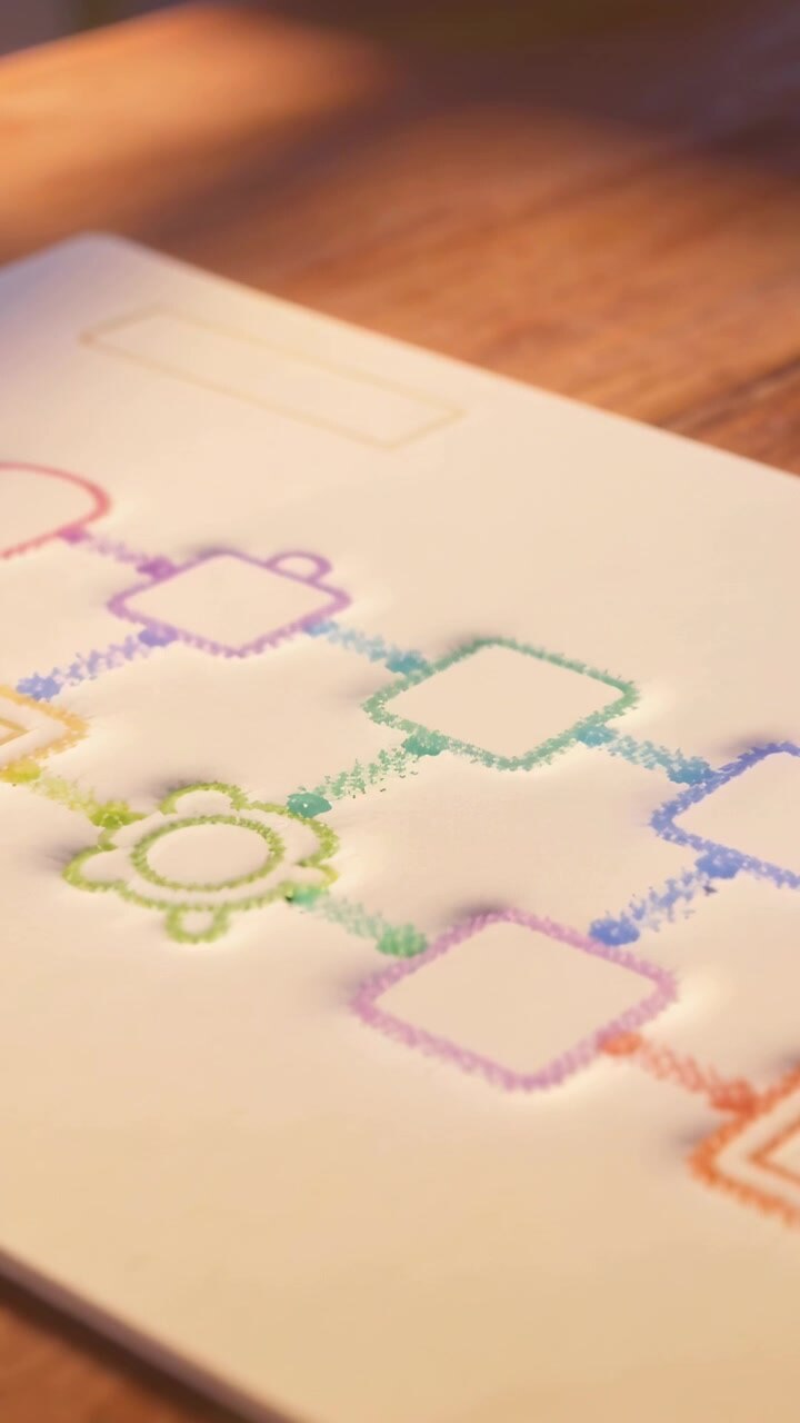 Vertical video: Tilting camera showing white paper with colorful icons on warm desk to center chain