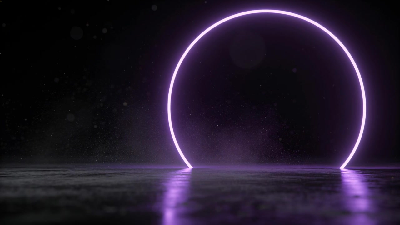 Anello al neon viola pulsante che si trasforma in un bagliore in uno studio buio dopo un impulso, con riflesso sul pavimento lucido.