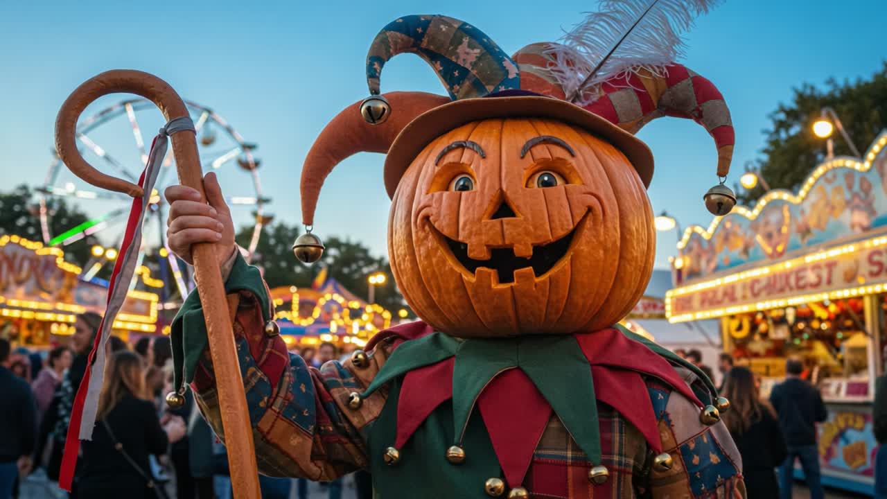 A Festive Pumpkin Character with a Jester's Hat Stands Cheerfully at a Colorful Carnival, Surrounded by Lights and Joyful People Enjoying the Fair Atmosphere