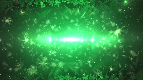 animación de nieve cayendo y luces brillantes sobre un fondo verde