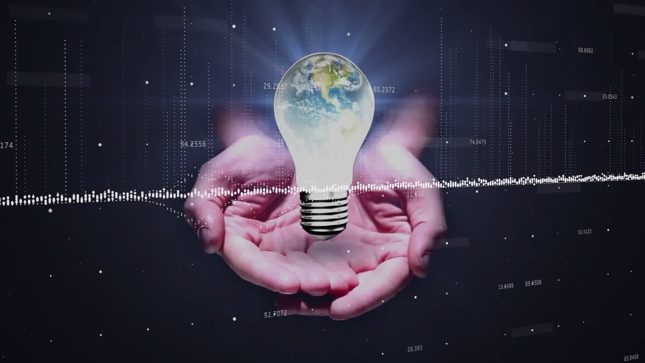 Numeric labels pulsing waveform starting hands emerging cradling globe lightbulb showing data flow