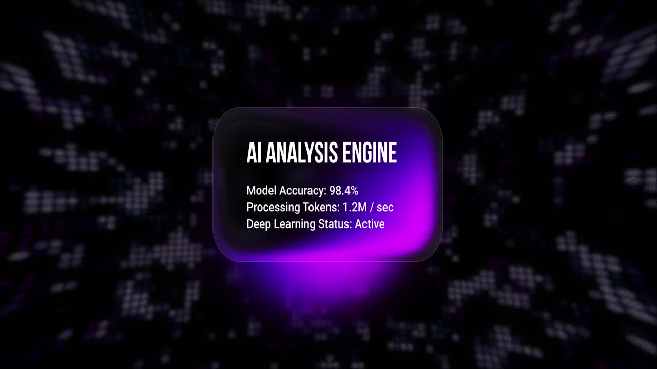 AI Analysis Engine data Glass panel rising on a dark background with purple glowing light and floating black spheres