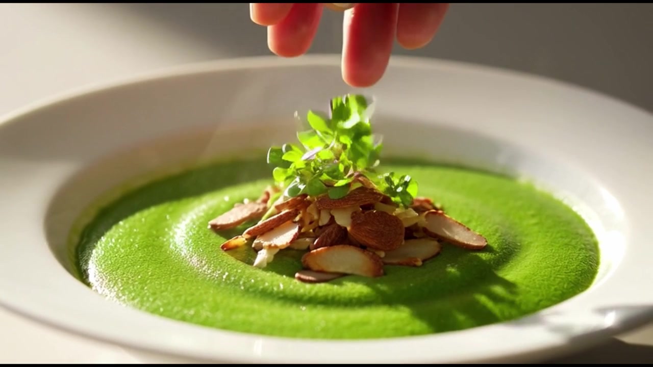 Chef Garnishing Steaming Green Vegetable Soup with Toasted Almonds and Microgreens