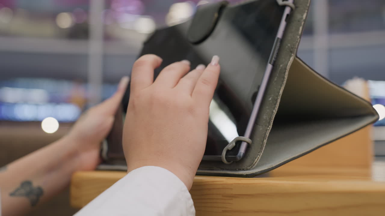 remote worker interacts with client using tablet in relaxed setting with hand gestures while vibrant bokeh lights glow softly in background creating warm and modern communication atmosphere