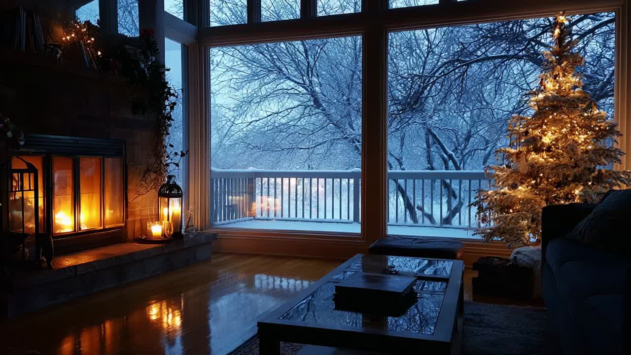 Cozy Winter Living Room Surrounded by Snowy Landscape Featuring a Warm Fireplace, Beautifully Decorated Christmas Tree, and Soft Ambient Lighting Creating a Relaxing Holiday Atmosphere