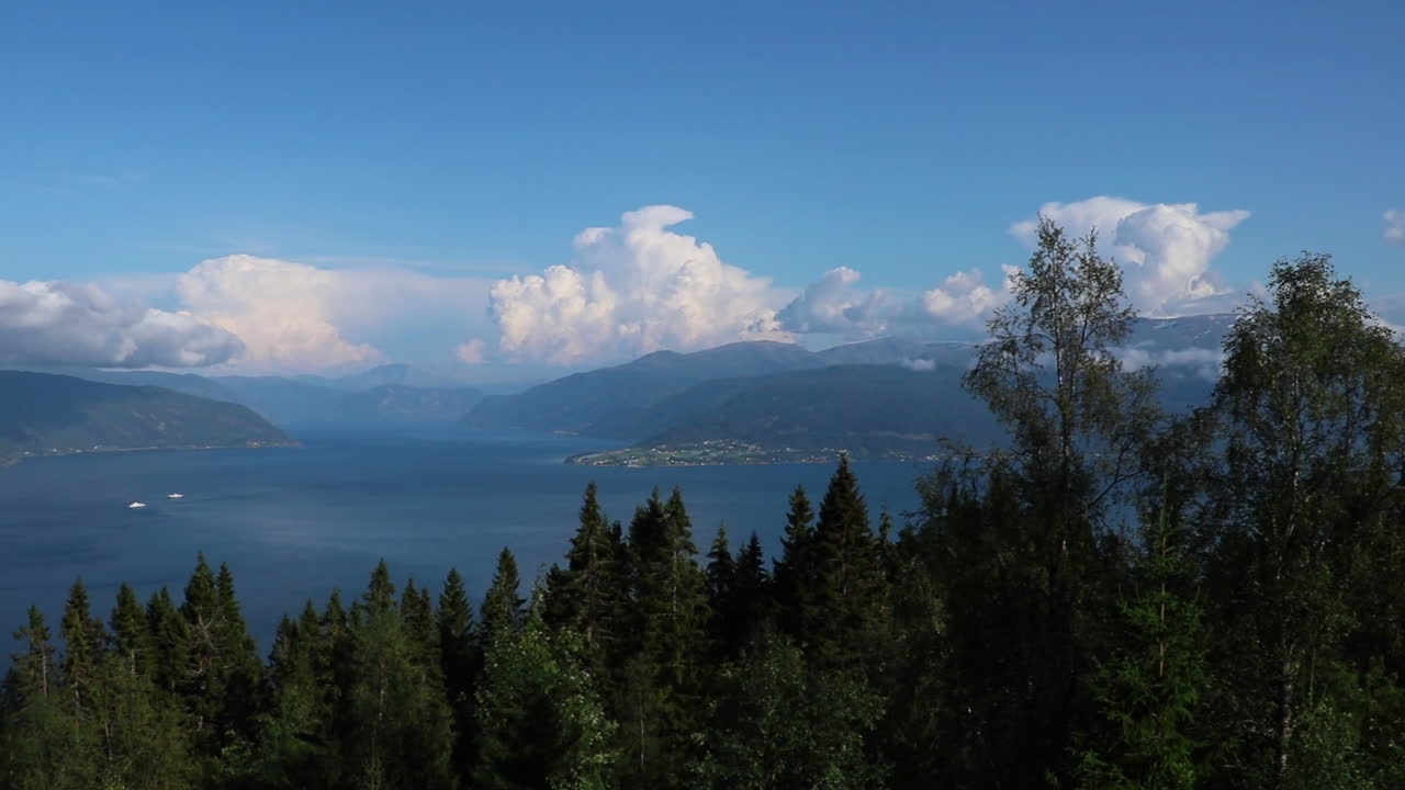 Fyord di Norwegia dengan gunung-gunung di belakang dan hutan besar.