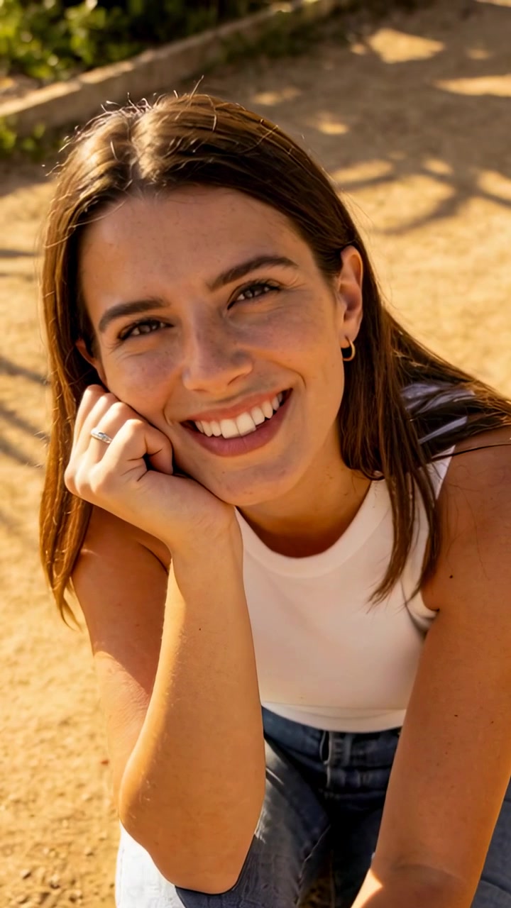Video vertical: Mujer sonriente con blusa blanca sentada en un camino de tierra reaccionando a la cámara, su sonrisa se desvanece.