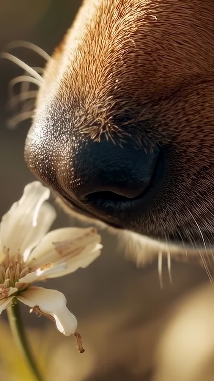Vertical video: Entering frame, brown dog's nose sniffing white flower in garden, seeking scent