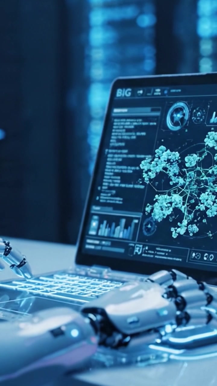 Futuristic Robotic Hands Interacting with a High-Tech Computer Interface in a Modern Data Environment: Exploring the Intersection of AI and Automation