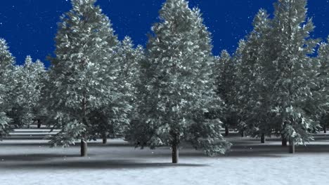 Animation-of-winter-scenery-with-fir-trees-on-blue-background