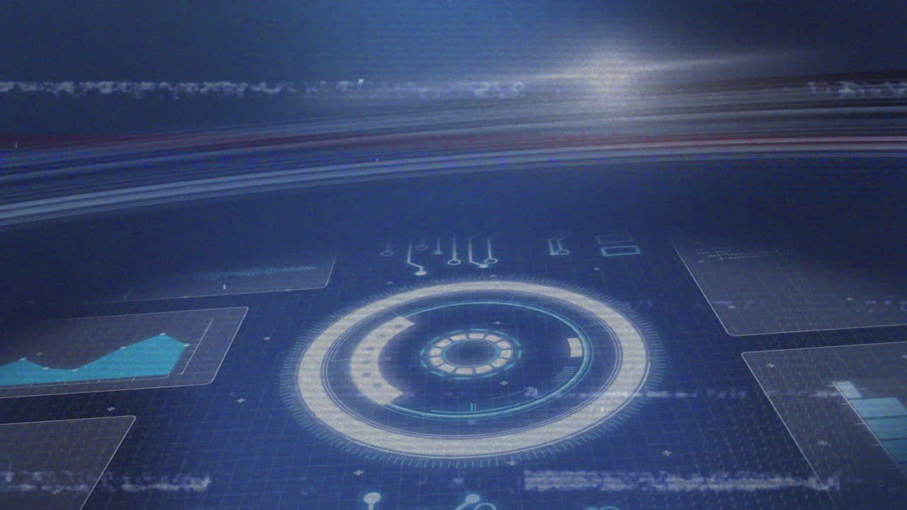 Animation of futuristic digital interface with circular graphics on blue grid