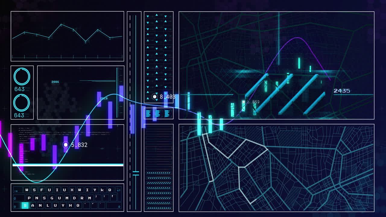 Animation of interface with data processing against blue background