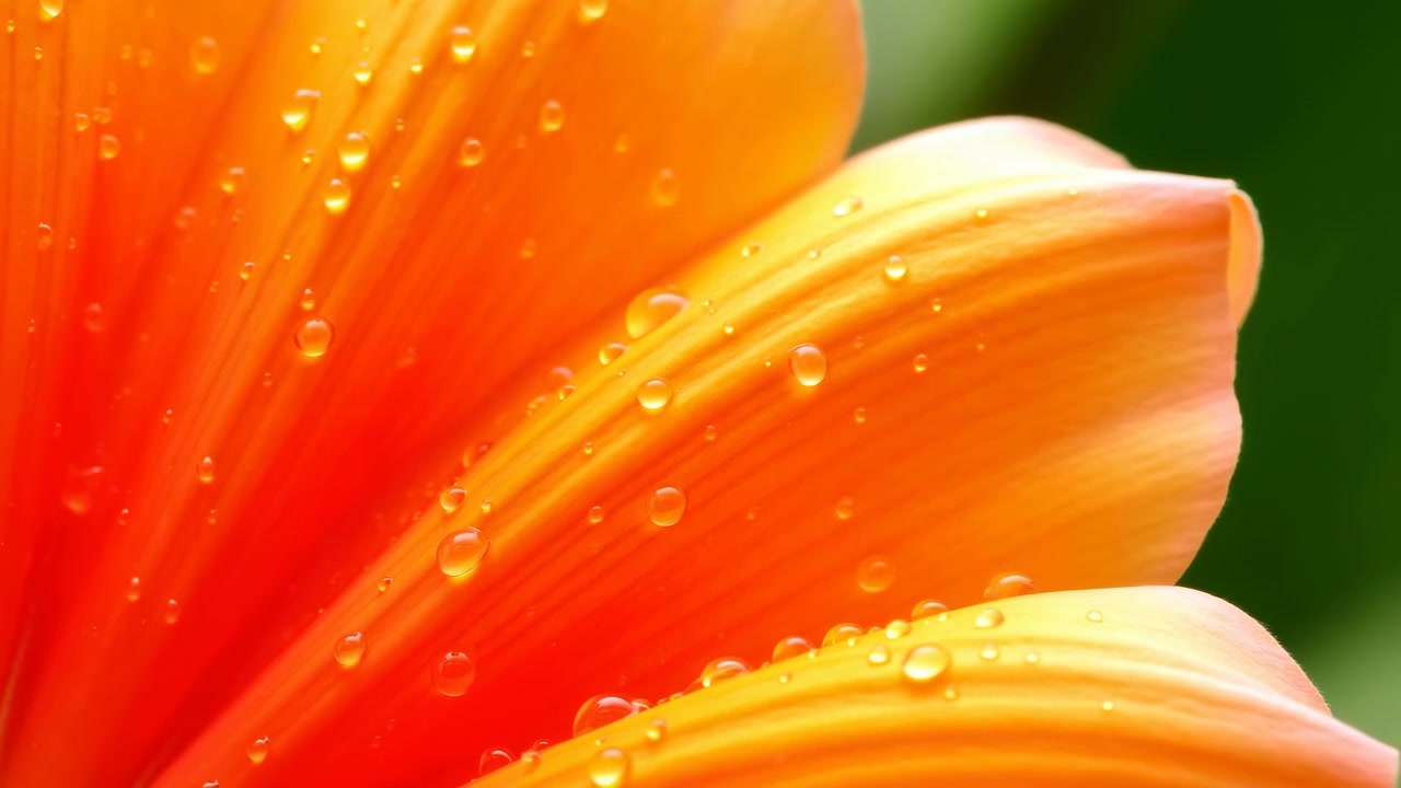 Petali arancioni brillanti rimangono in una vista ravvicinata mentre goccioline sparse catturano la luce sulle superfici scanalate, mentre i bordi curvi si sovrappongono su uno sfondo verde delicatamente sfocato.