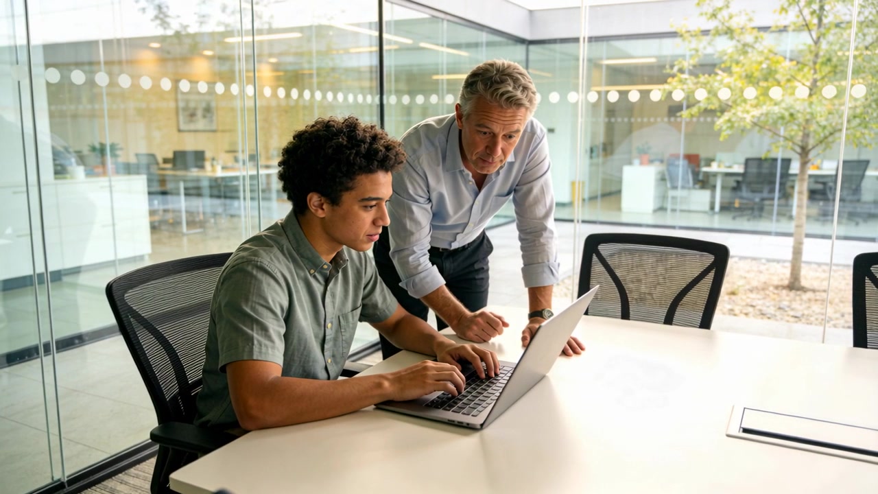 Pointing senior with rolled sleeves guiding seated colleague typing laptop in glass room, mentoring